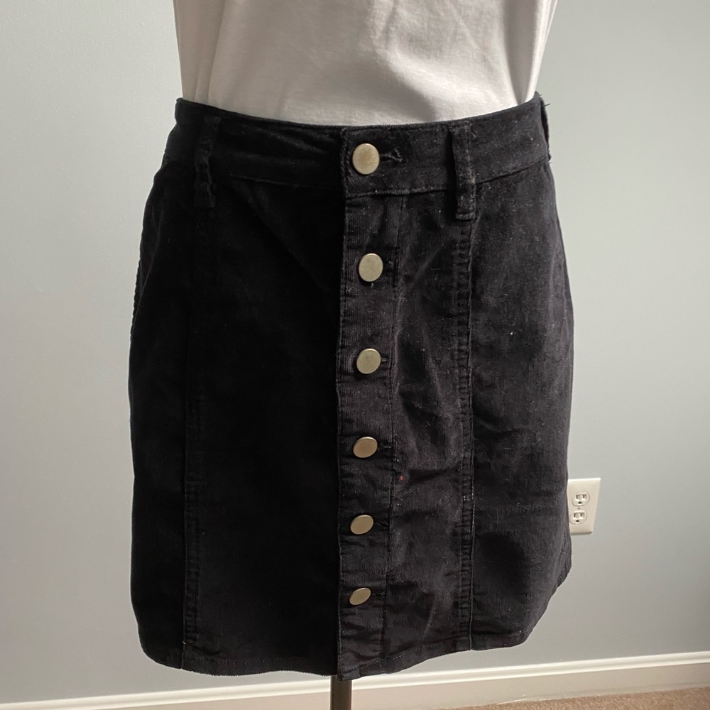 Love, Fire black corduroy mini skirt, back pockets, button front closure